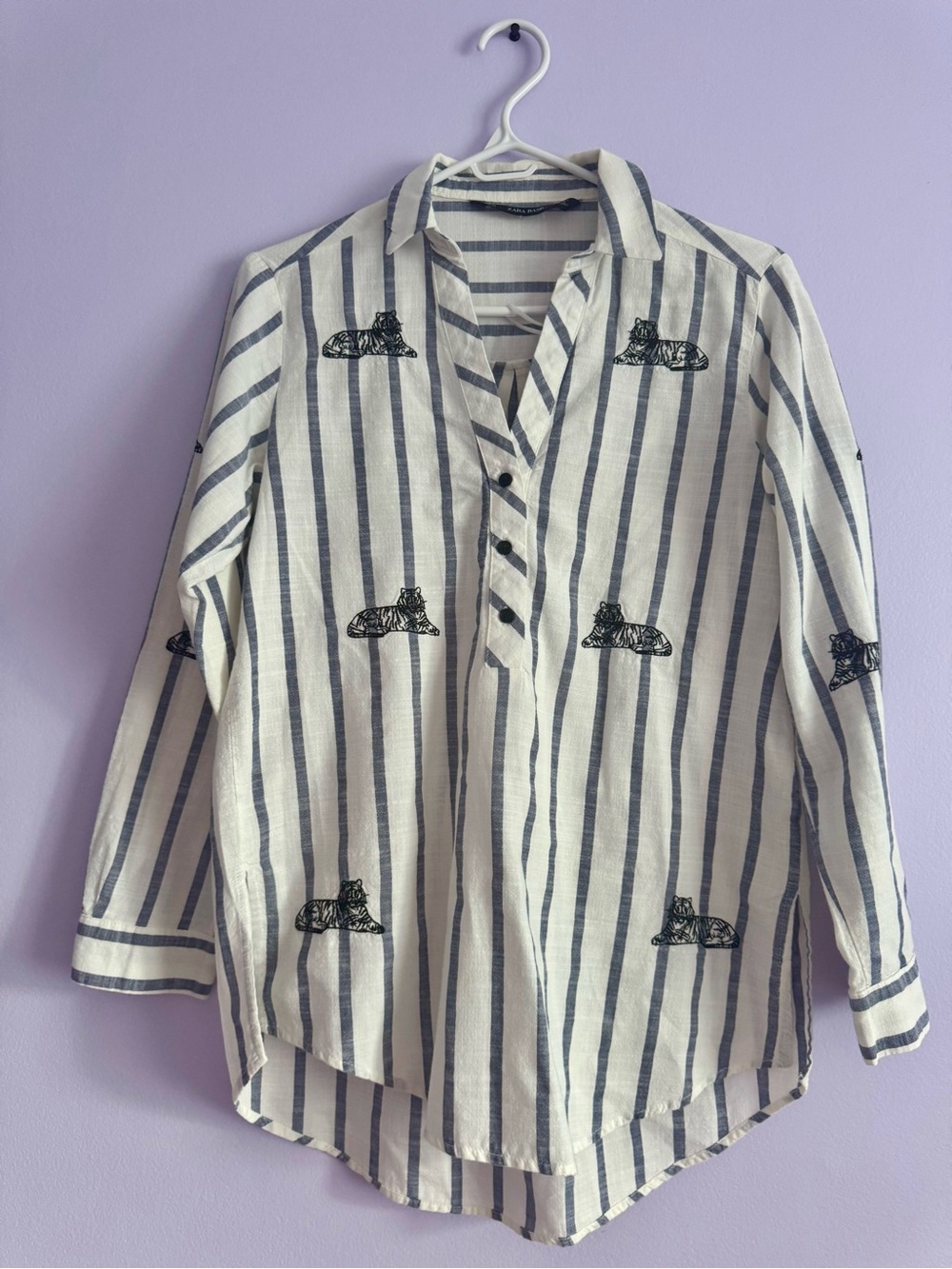 Striped White and Navy Button-Down women’s Shirt